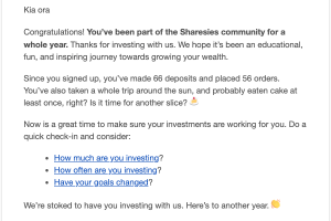 Sharesies Happy Anniversary email
