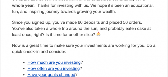 One year investing with Sharesies – a quick review Sharesies Happy Anniversary email