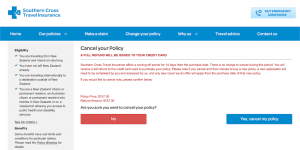 Southern Cross Travel Insurance policy cancellation confirmation page
