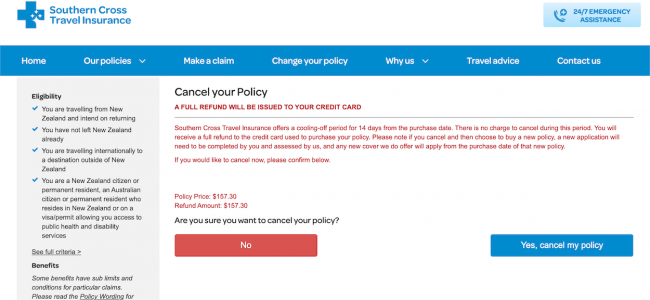 Cancelling travel insurance and getting a refund due to COVID-19 Southern Cross Travel Insurance policy cancellation confirmation page